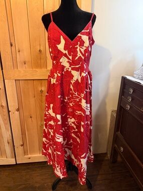 Red and Cream Floral V-Neck Spaghetti Strap Dress